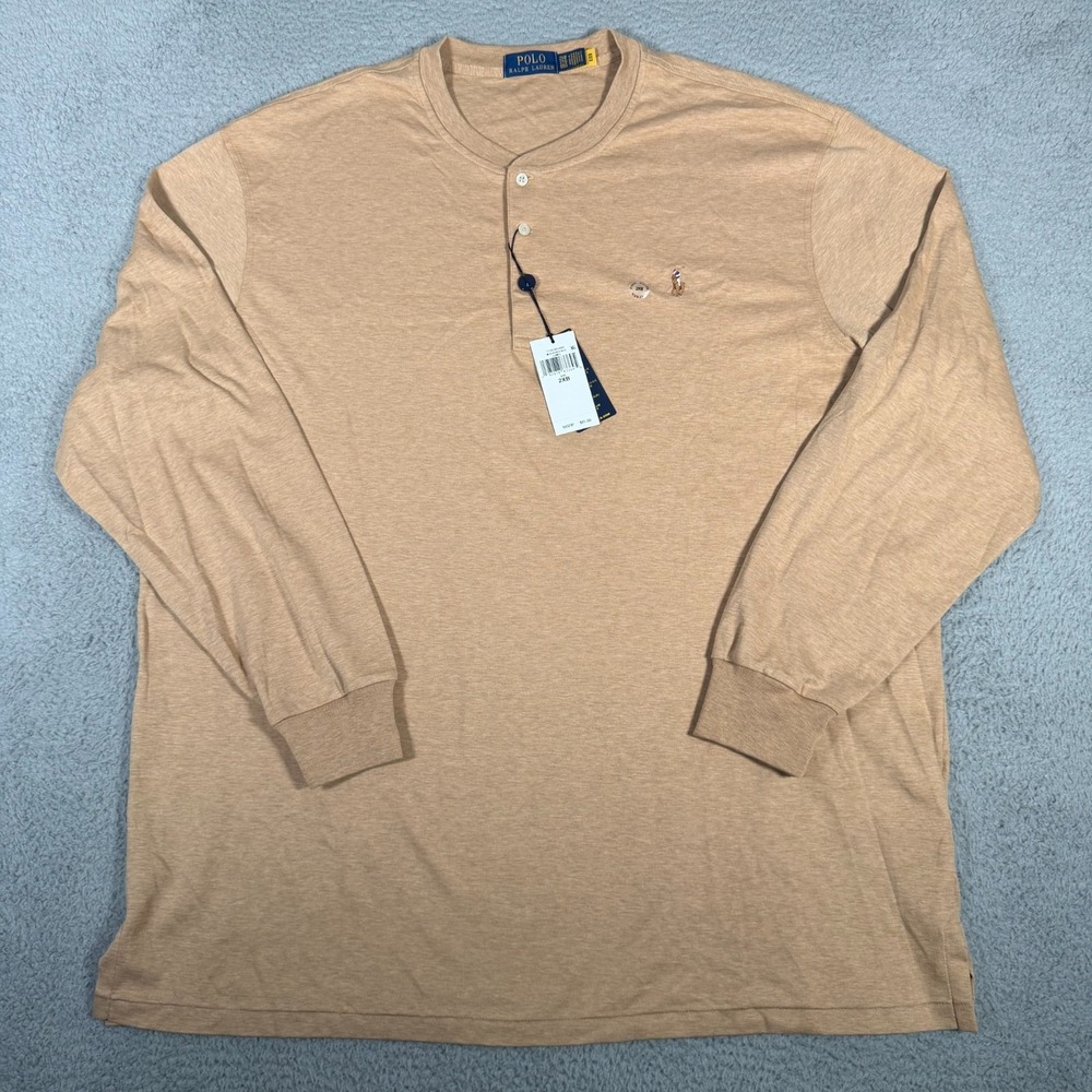 Polo Ralph Lauren Shirt Mens 2XB Brown Tan Henley Long Sleeve Flesh Pony New